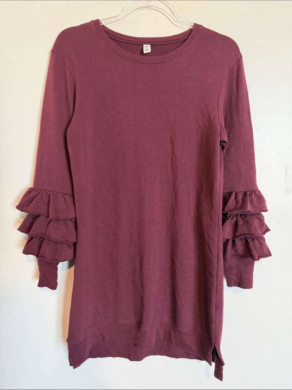 bp Ruffle-Sleeve Sweatshirt Mini Dress in Maroon Casual Cotton Jersey Blend XXS